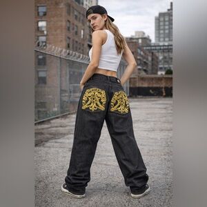 Eight 732 vintage denim embroidered baggy Y2K jeans gold blue oversized fit 36